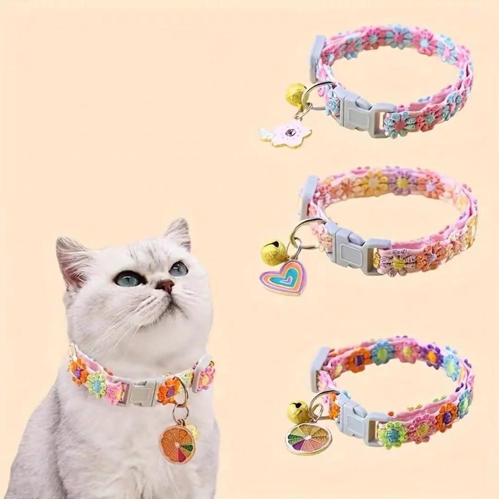 Adjustable Pet Cat Collar With Bell  Kitten Puppy Necklace Adjustable Buckle Colorful Lace Neck Ring Pet Accessories