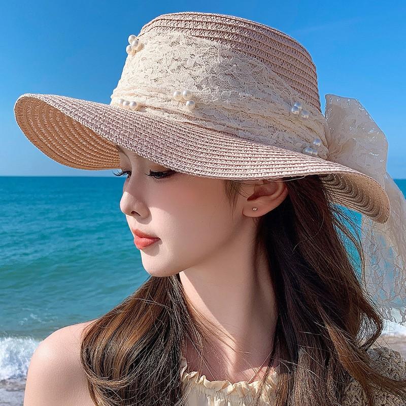 Lace Bow Big Brim Straw Hat Spring and Summer New Sunscreen Beach Sun Hat Fresh and Sweet Bucket Hat