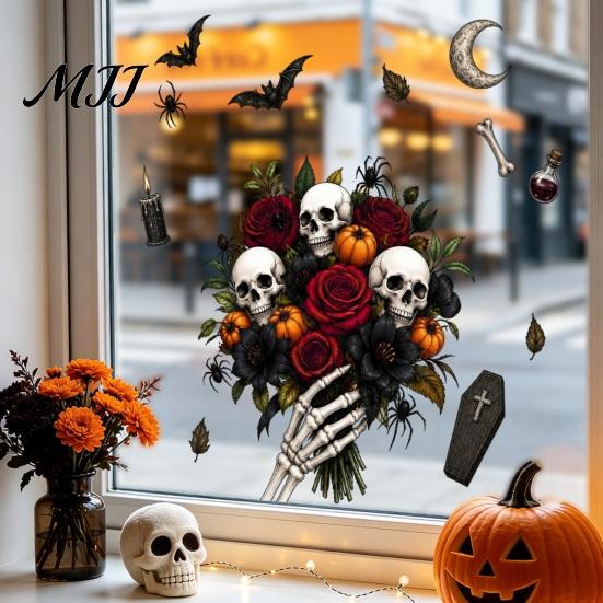 Gift for Halloween Party Setup Window Static Sticker, Castle/Bat/Pumpkin/Bouquet Printed, PVC Waterproof Removable Decorative Clings Decals