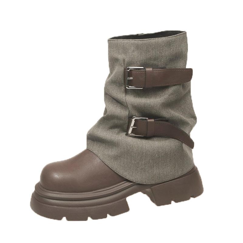 Design Sense Year Versatile Fashion Retro Belt Buckle Middle Boots Children's Autumn and Winter Color Matching New British Style