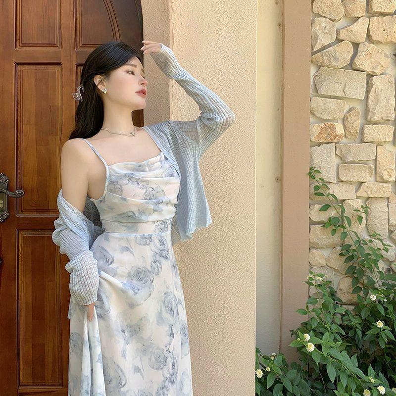 Women's Blue Floral Strappy Dress - French Tea Party, Waist-Cinched, Long Summer Beach Dress