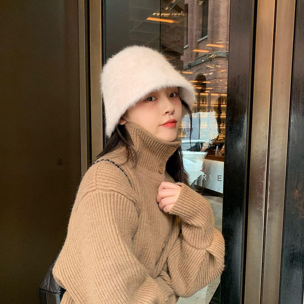 Rabbit Fur Unique Solid Color Korean Style Hat Women Bucket Hat Fashion Design Plush Fisherman Hat
