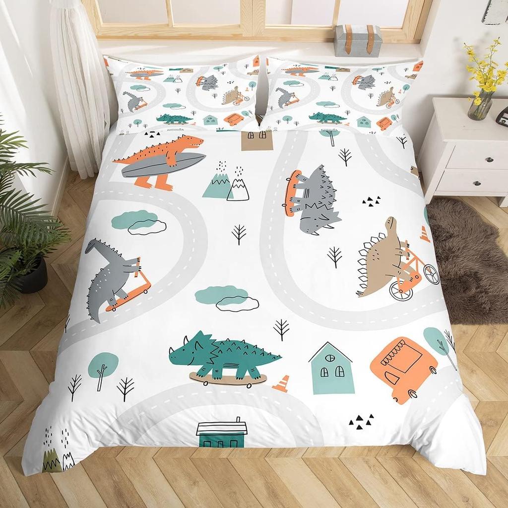 Cartoon Cars Duvet Cover Single Queen City Roads Bedding Set Hand Drawn Truck Bicycle Comforter Cover for Boys Teen Room Decor