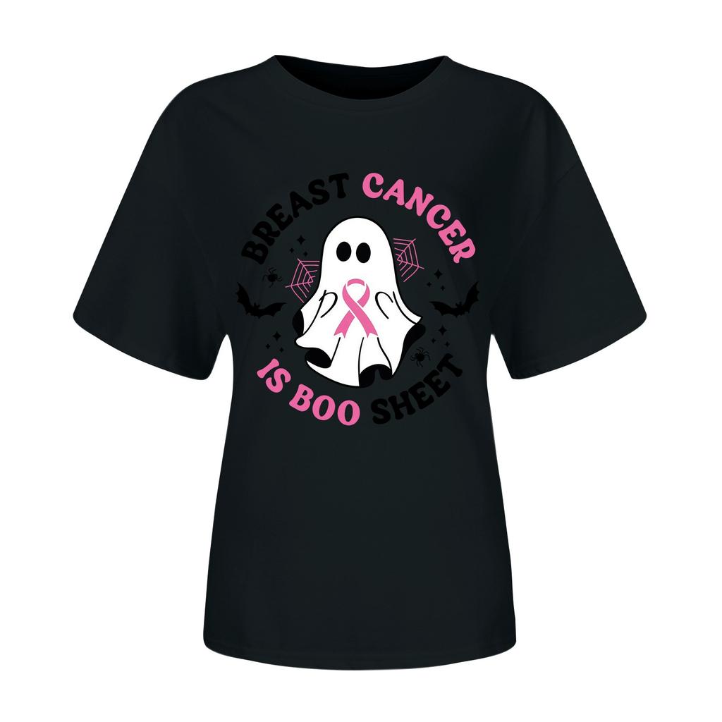 Women's Casual Halloween Breast Print T-Shirt Round Neck Pullover Short Sleeve Top
