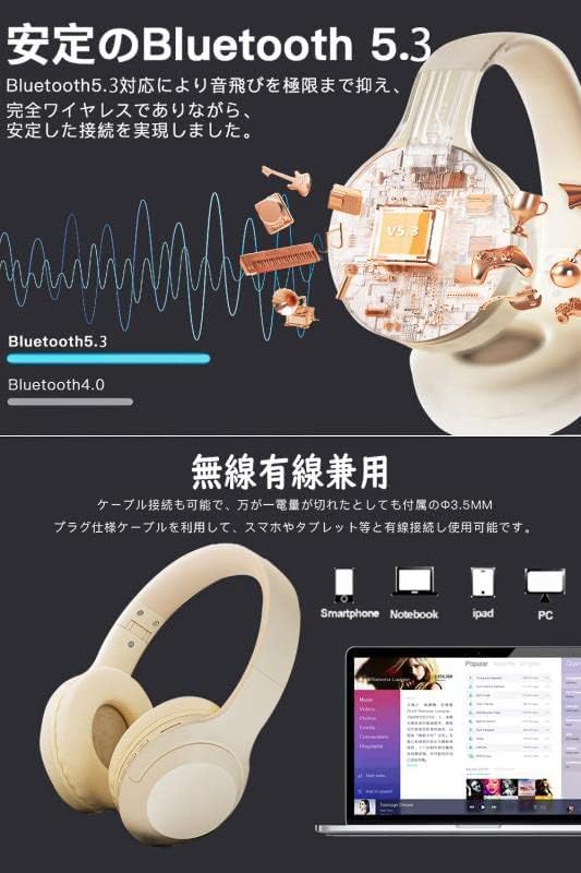 Upgraded Bluetooth HiFi Deep No 40mm HD Driver 50H Noise Bluetooth Headphones Headphones, Over-Ear Headphones, Version, V5.3 Stereo, Closed-Back,