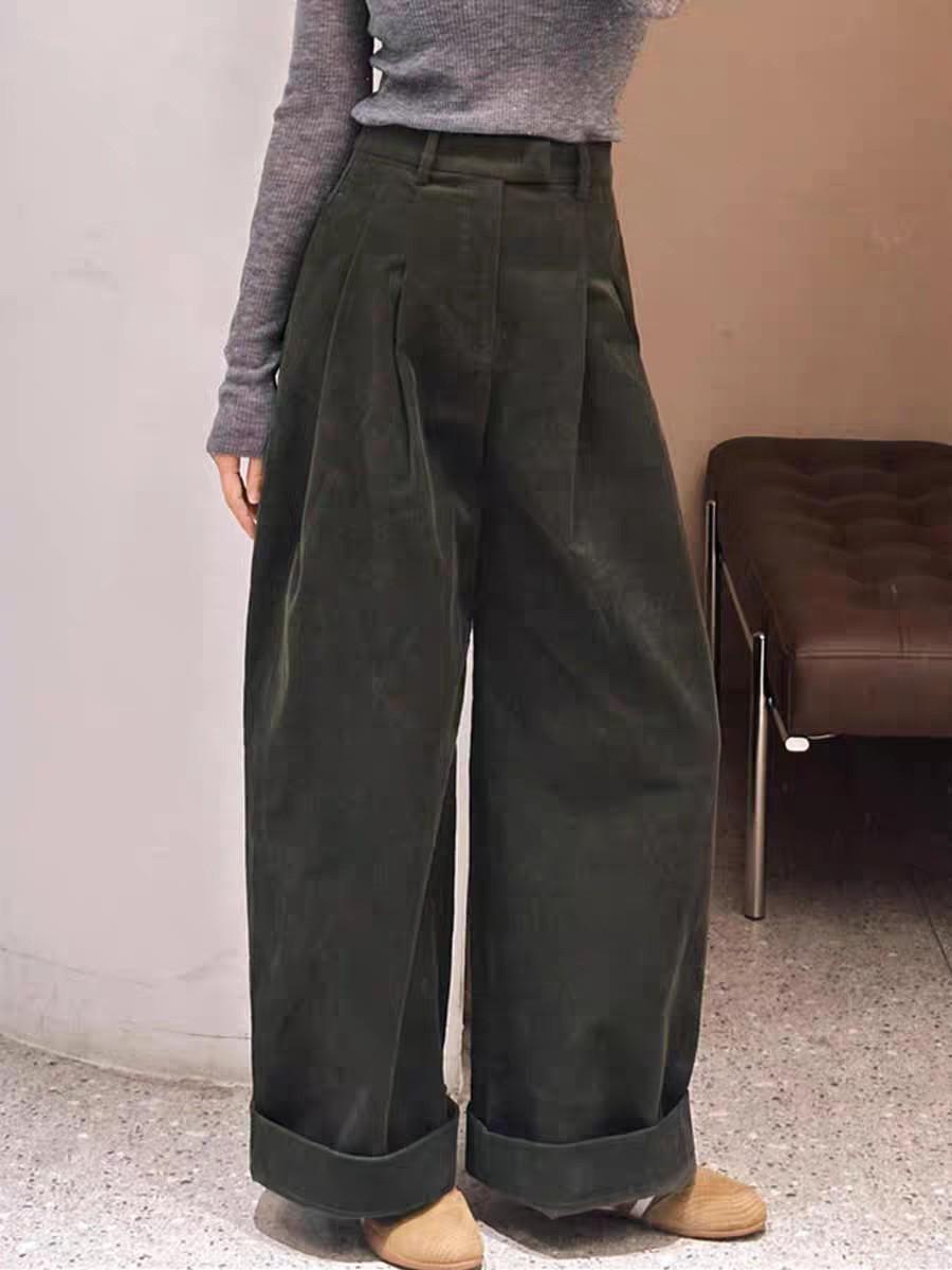CHAO-Level Recommendation: Women s Japanese Retro High-Waisted Green Corduroy Wide-Leg Pants S