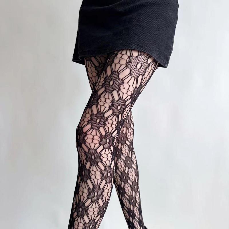 Women'S Black Sexy Lace Fishnet Floral Hollowed-Out Tights Lolita Sweet Silk Stockings Jk Shaping Personality Mesh Pantyhose