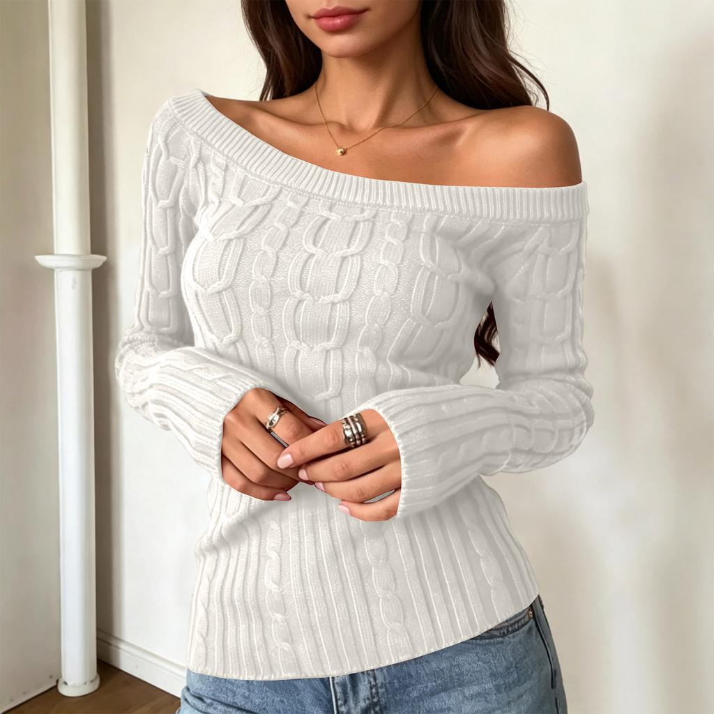 Women's Casual Off-Shoulder Cable Knit Long Sleeve Sweater