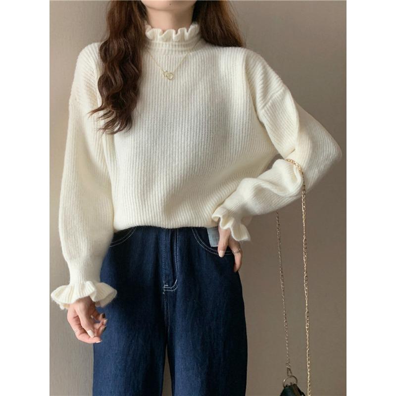 Autumn Winter Ruffles Half High Collar Solid Bottomed Sweater Women Simple All-match Pullover Knitting Top