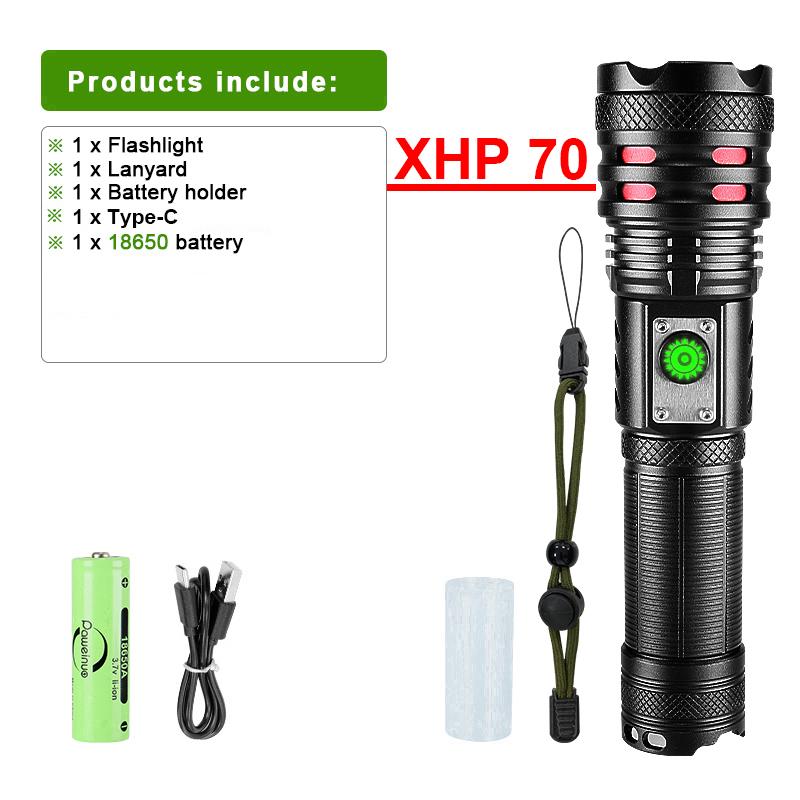 High Power XHP70 Flashlight Rechargeable LED Torch Telescopic Zoom Light For Camping Waterproof Lamp