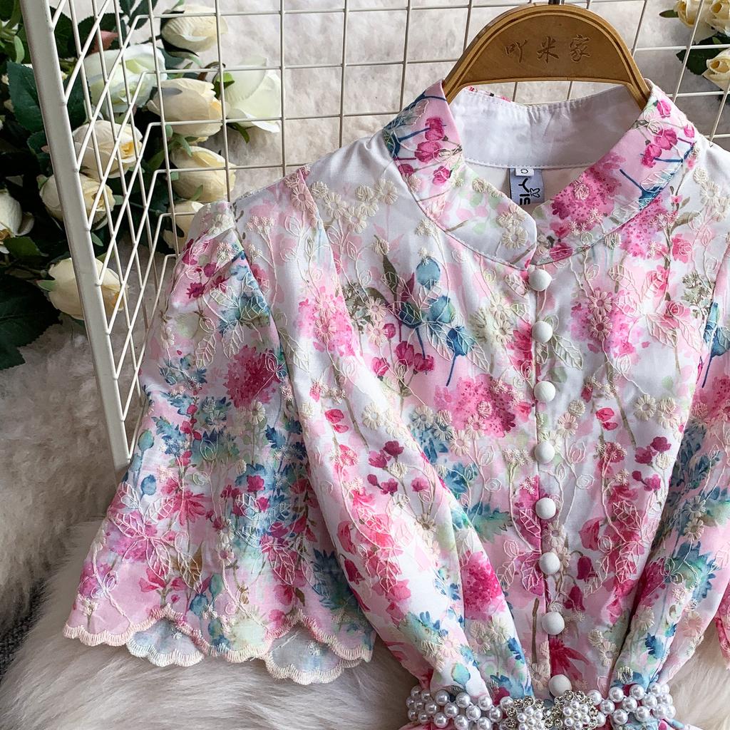 Elegant A-Line Dress for Women High-Quality Embroidery Flower Stand Collar Short Sleeve Fashion Runway Summer Dress Female 2026