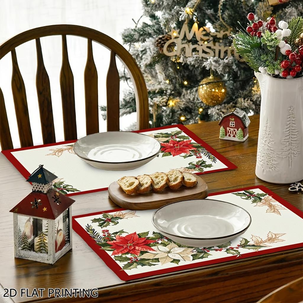 4pcs/6pcs, Christmas Placemats for Dining Table, Poinsettia Holly Border Placemats for Dining Table, Suitable for Holiday Party, Banquet, Home Kitchen