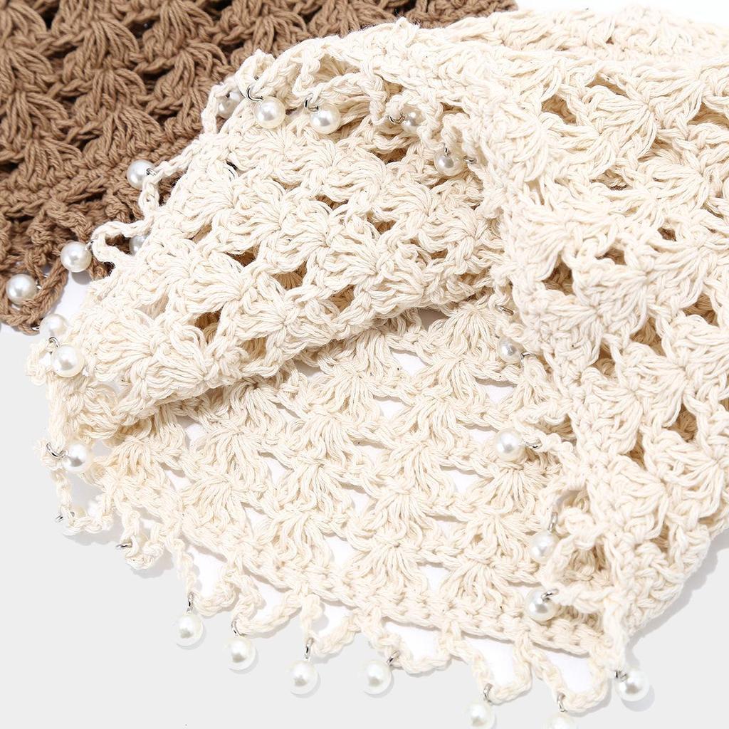 Cappello a secchiello all'uncinetto floreale da donna - Pullover in stile etnico con laccetto a nappa