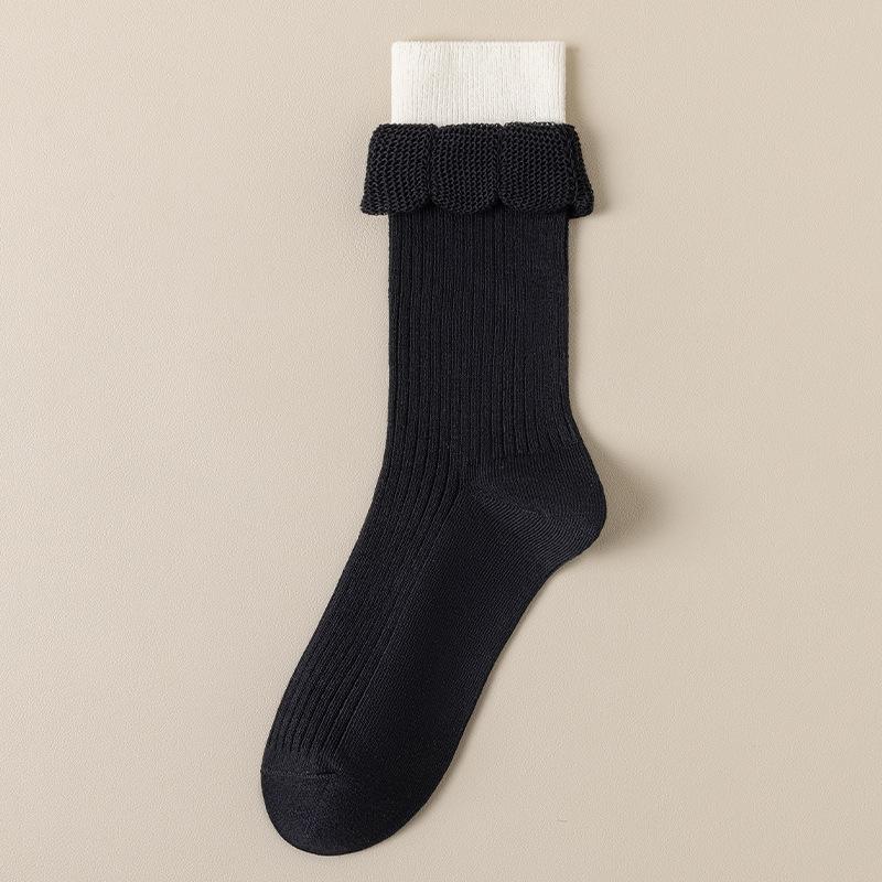Socks for Women Spring and Autumn, Mid-tube Double Ribbed Cotton Socks Bubble Mouth Autumn and Winter Loose Mouth Yuezi Pile Socks