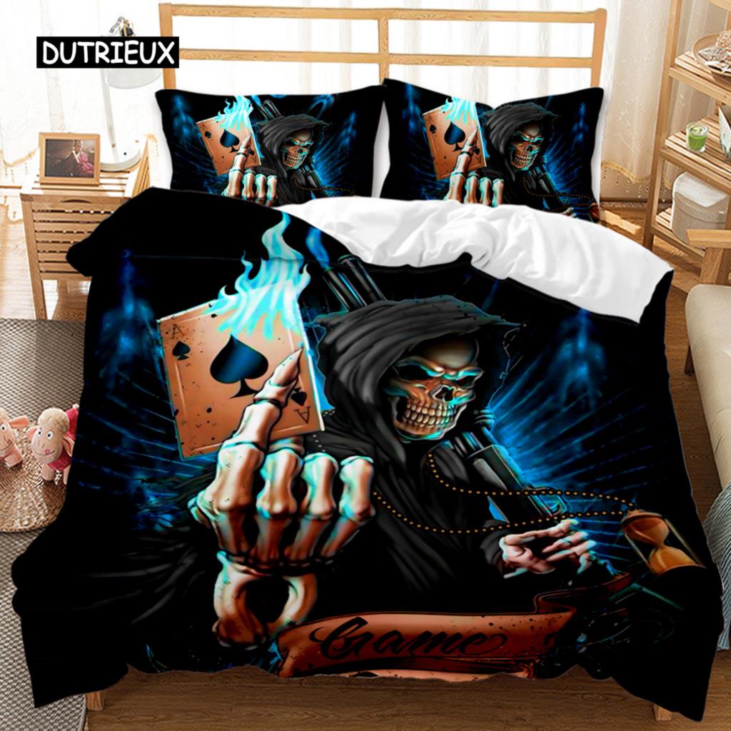 Döskalle Påslakanset Spelgud Sängkläder Poker Skelett Tonåringar Vuxna Döskalle Dubbel Queen King Size Polyester Täcke Överdrag