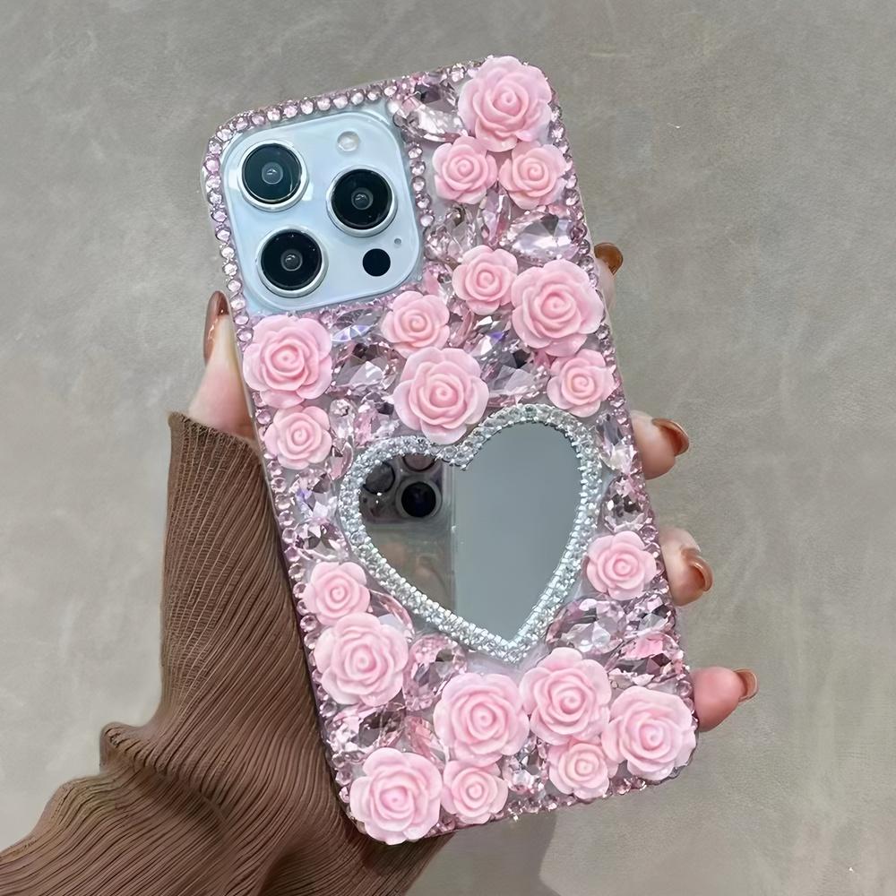 

Чехол для телефона со стразами и блестками, с зеркалом в форме сердца и 3D-цветами розы Для XiaoMi 15 Ultra 14 Pro 14T 14A Plus 13 Lite 13T 12 12T 12S 12X 5G XiaoMi 15 розовый