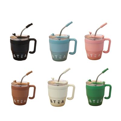 Taza de Café Innovadora con Asa y Tapa de Paja 480ML Botella Material de Acero Inoxidable Taza con Paja Tazas de Agua para Bebidas