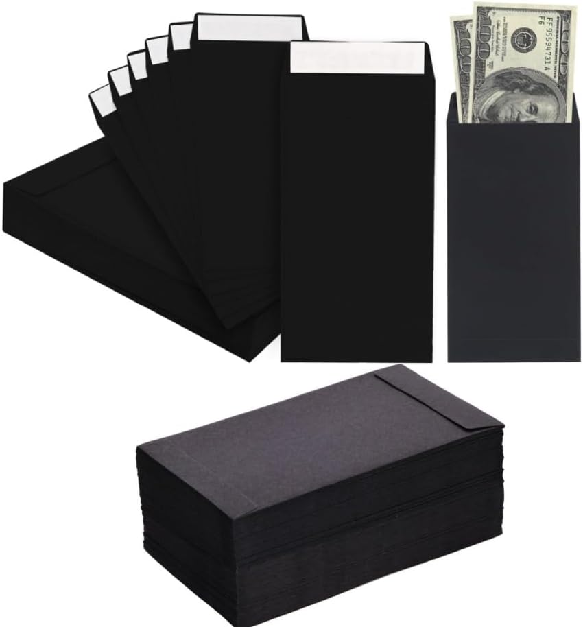 Black self-adhesive budget cash storage envelopes 3.5 x 6.4 inches for storing money receipts jewelry and small items. 60PCS
