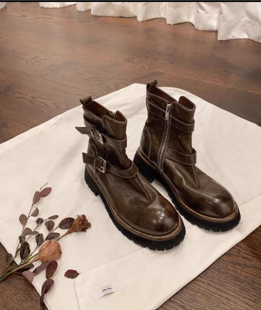 Grape Mom's annual combat boots of the same style~ Washed shrinkage horse leather buckle belt thick heel Martin skirt short boots women's locomotive