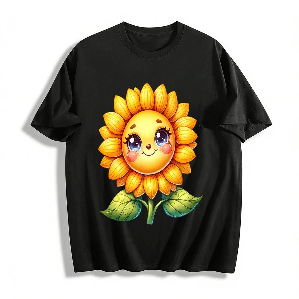 Cute Anthropomorphic Sunflower Print Casual Loose Short Sleeve T-Shirt Pure cotton T-shirt XXS