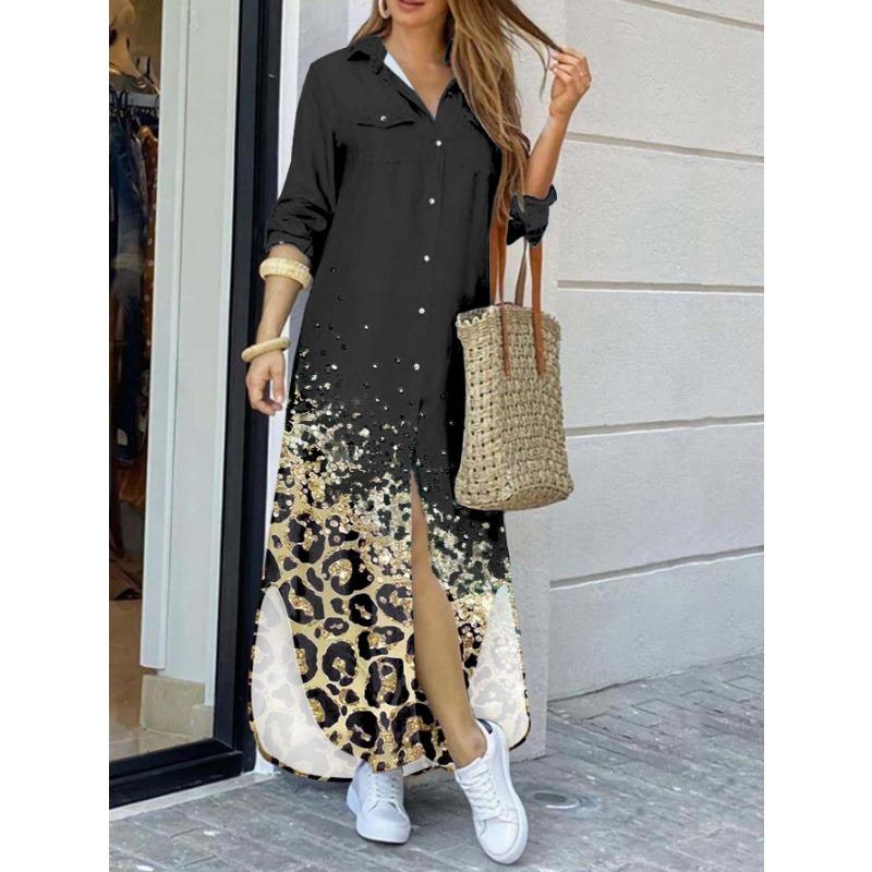 

YYFS Женская мода весна осень леопардовый принт длинный рукав воротник поло свободная талия повседневные платья XXL чёрный