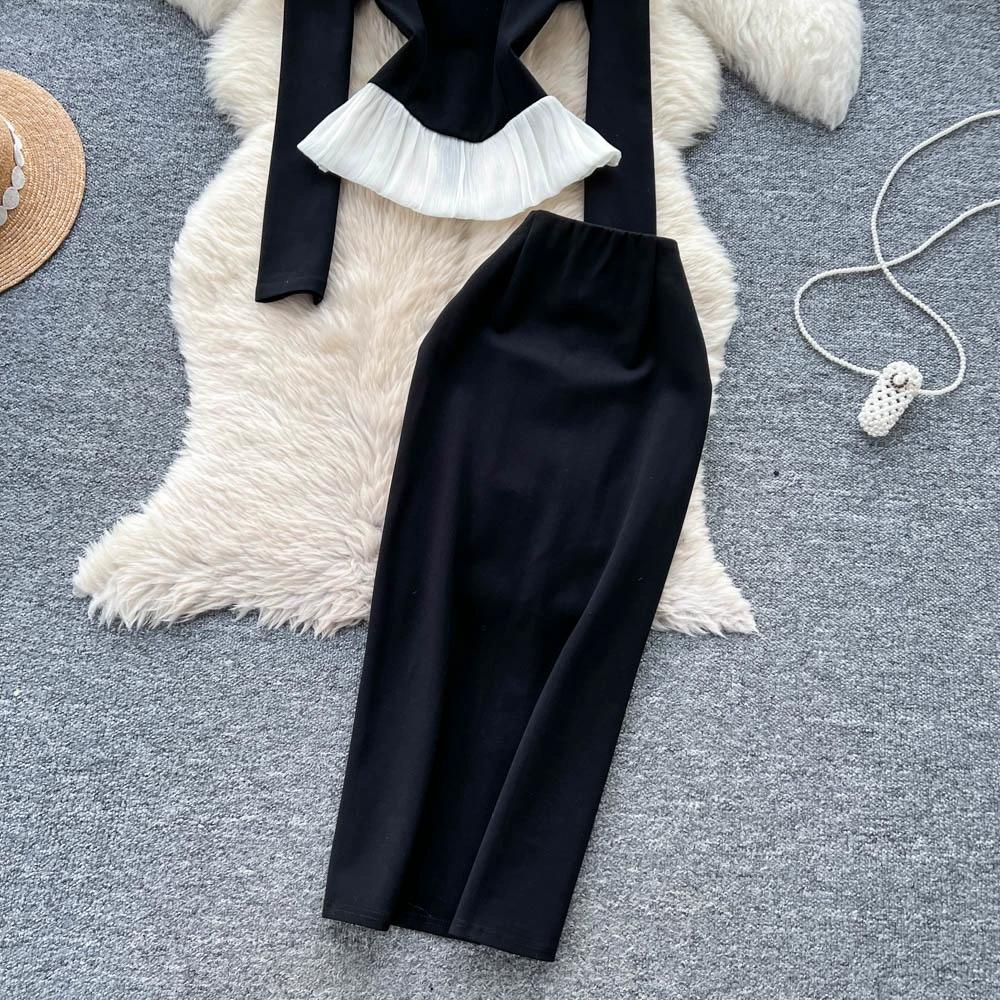 Autumn Winter Women Vintage Hepburn Style Black Business Outfits O-neck Blouses Tops and Long Midi Bodycon Pencil Skirt Office Work Two Piece Set