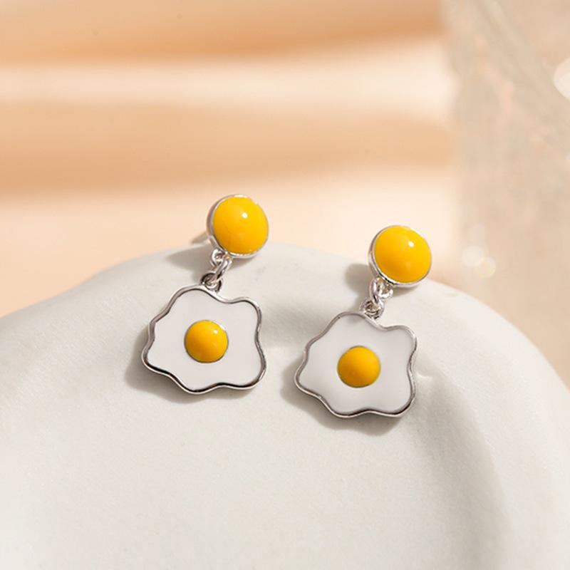 Trendy 925 Sterling Silver Fried Egg Earrings, Japanese Style, Cute & Creative, 2019