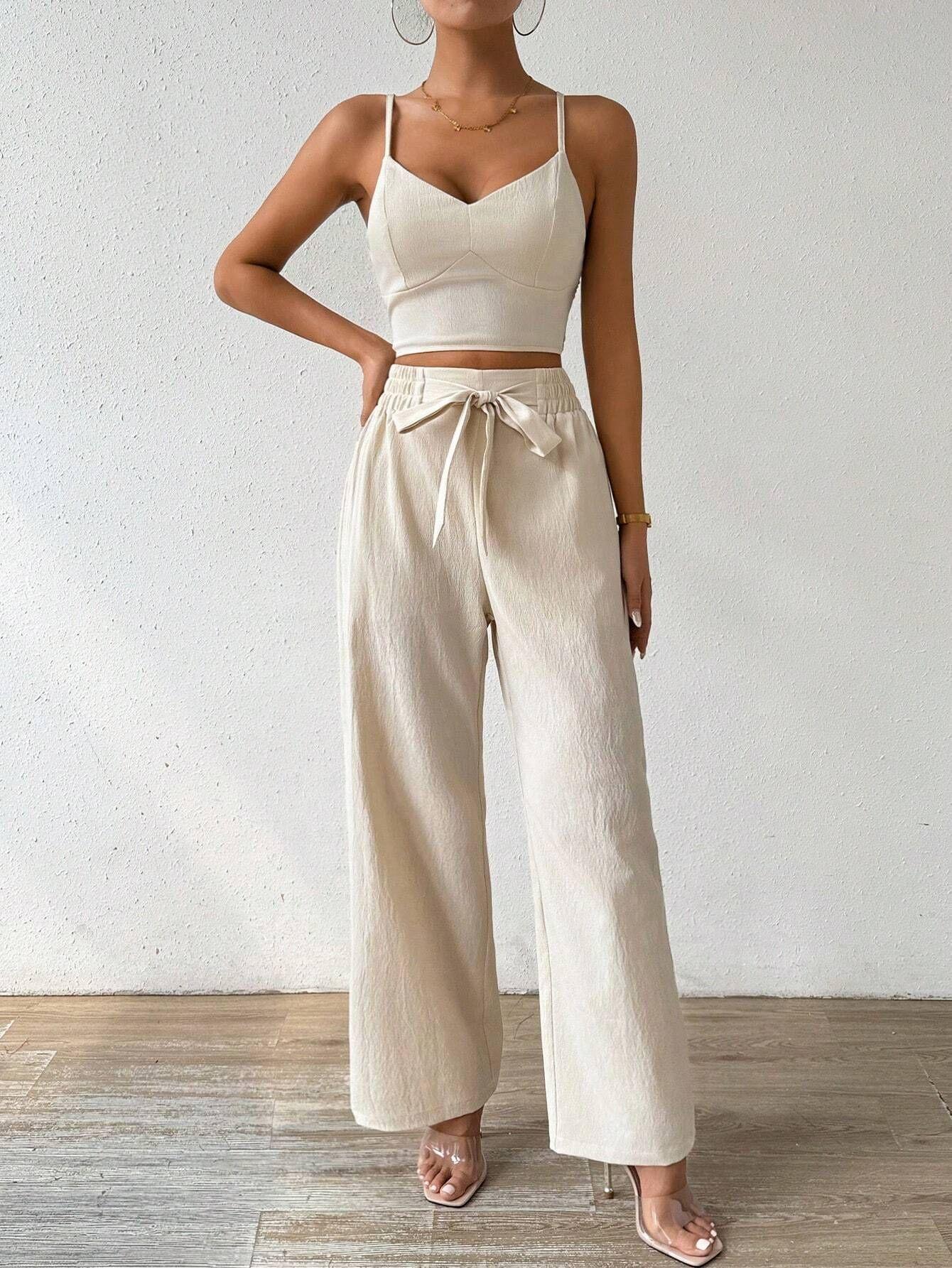 

Женский черный топ на бретелях и комплект брюк широкого кроя, повседневный летний наряд с завязкой на талии, бохо-шик ансамбль из двух частей S абрикосовый