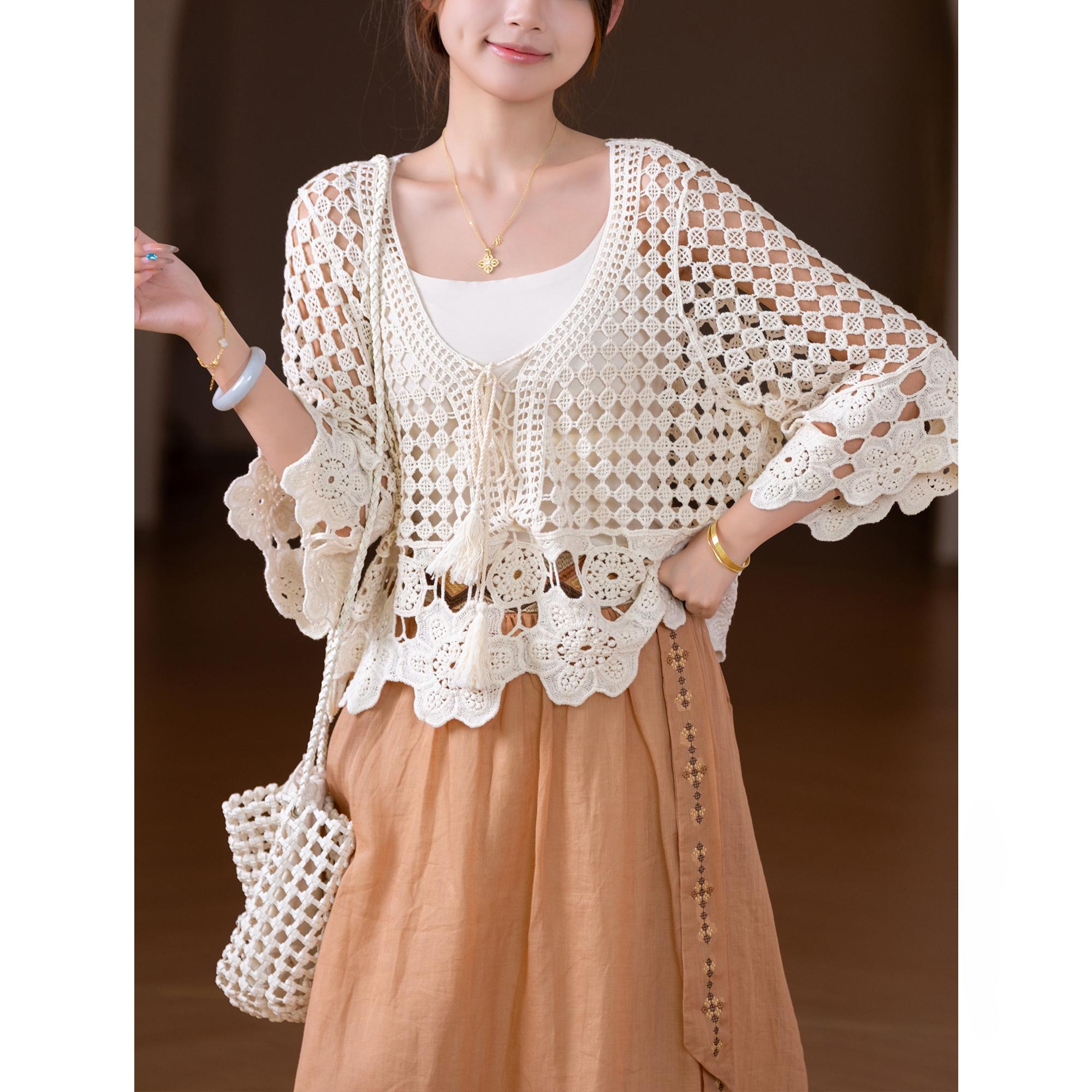 

DIMANAF 2025 Новая короткая хлопковая футболка женская вязаная с круглым вырезом полая летний стиль базовые топы футболки свободная одежда one size бежевый