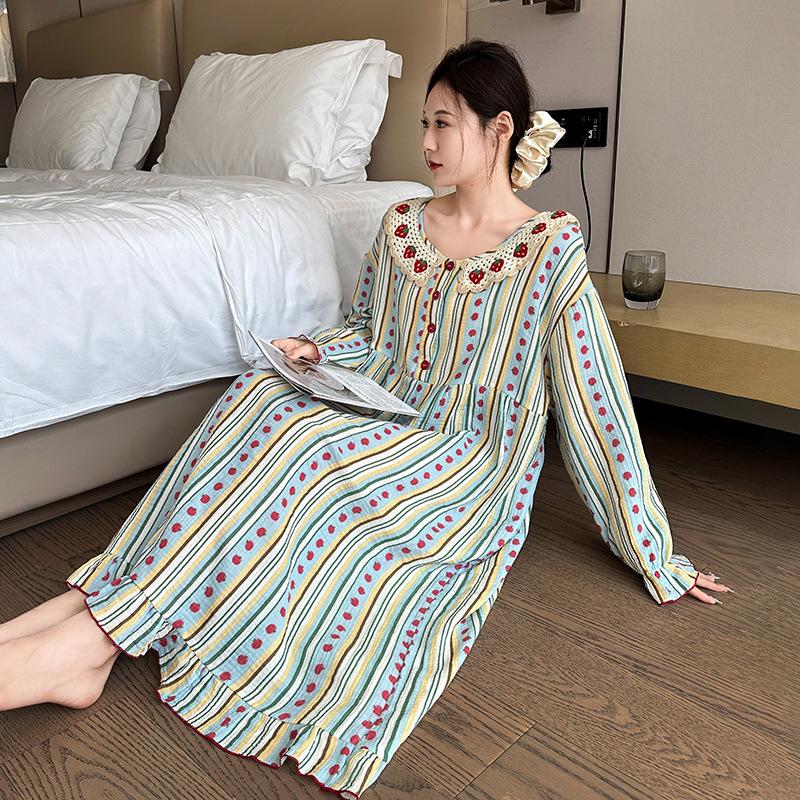 Autumn Pure Cotton Plus Size Nightgown - Women's Oversized Print Homewear & Outerwear