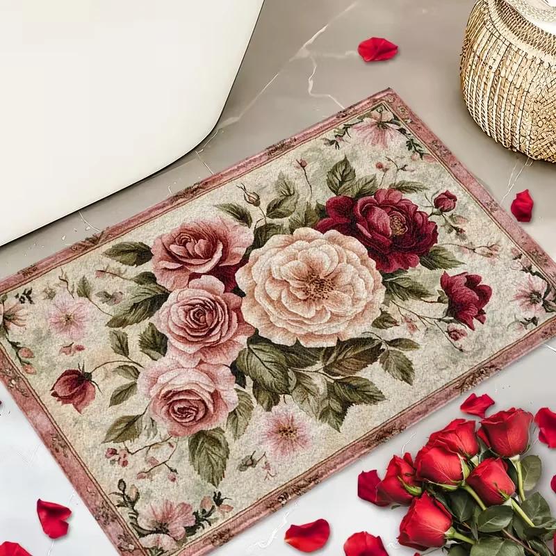 

1pc Pink Rose Green Leaf Printed Floor Mat Retro Floral American Luxury Entrance Door Mat Suitable for Living Room Bedroom 40cm x 60cm
