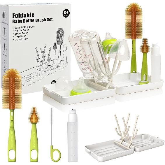 YOTIME Travel Bottle Brush, Travel Bottle Cleaner Kit with Foldable Bottle Drying Rack, for Visit Friends and Relations, Baby Travel Essentials, BPA