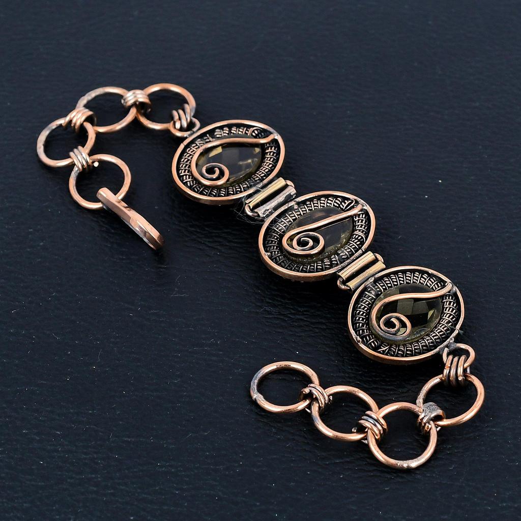 Smokey Topaz Bracelet, 999 Copper Wire Wrapped Jewelry, Gemstone Bracelet Whit Adjustable Chain Gift For Her, Handmade Dainty Jewelry