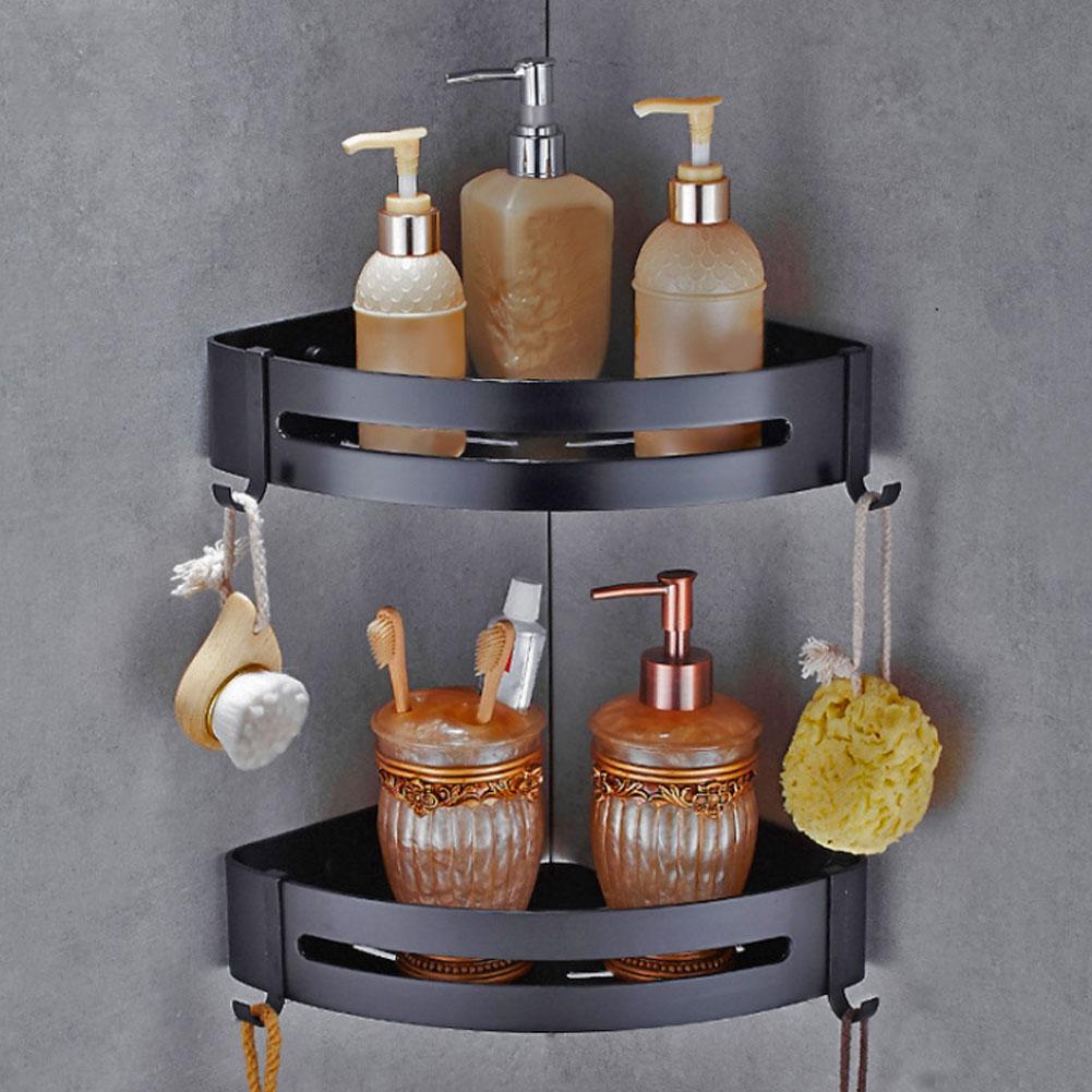 Wall Hanging Space Aluminum Double Layer Storage Rack Corner Shelf for Home Bathroom Black