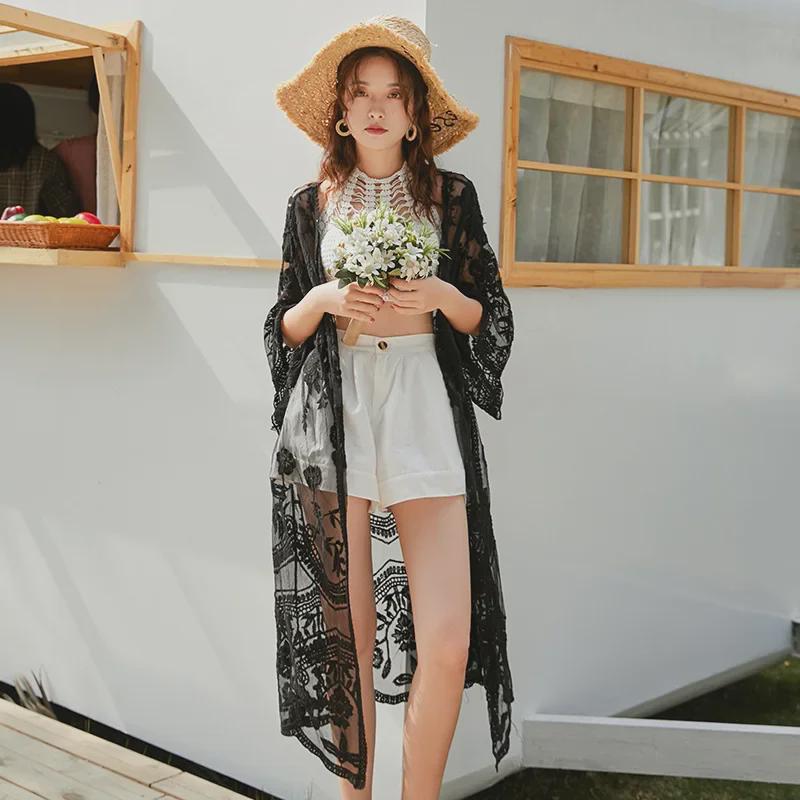 Women's Plus Size Black Lace Hollow-Out Mid-Length Summer Cardigan