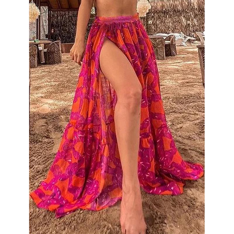 

Европейская и американская пляжная юбка миди с принтом и высоким разрезом для женщин Small