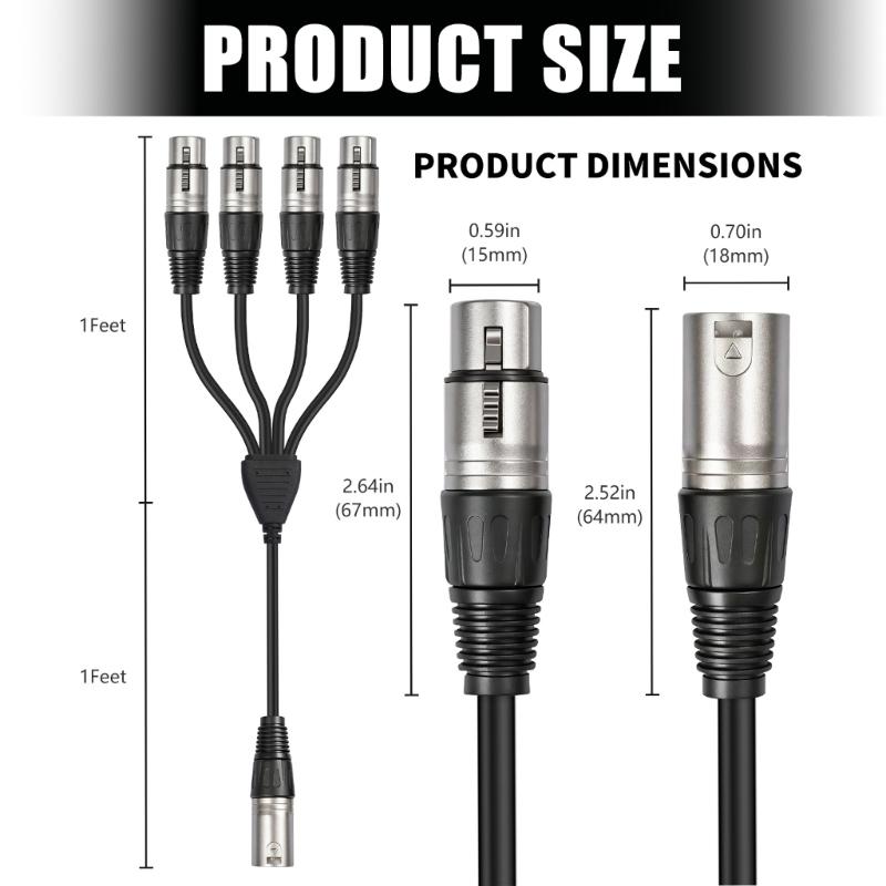 Professional XLR 3Pin Music Splitter Cable 0.6M Connect 4Devices XLR Y Splitter Cable For Recording Live Performances