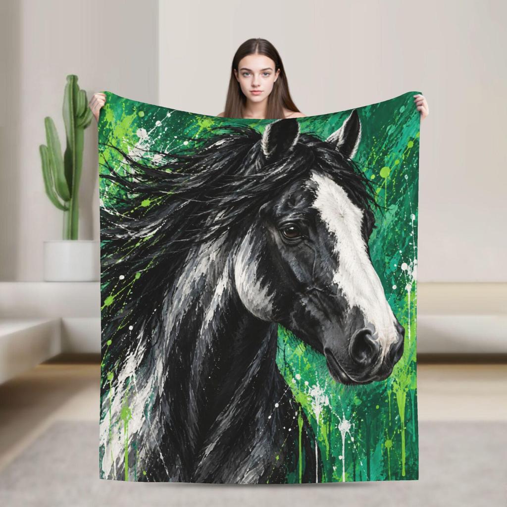 Artistic Black Horse Fleece Blanket, Green Splatter Equestrian Decor, Cozy Flannel Throw