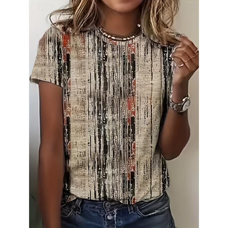 Women's T Shirt Print Graphic Geometric Striped Vintage Stylish Classic Short Sleeve Crew Neck Regular Tops
