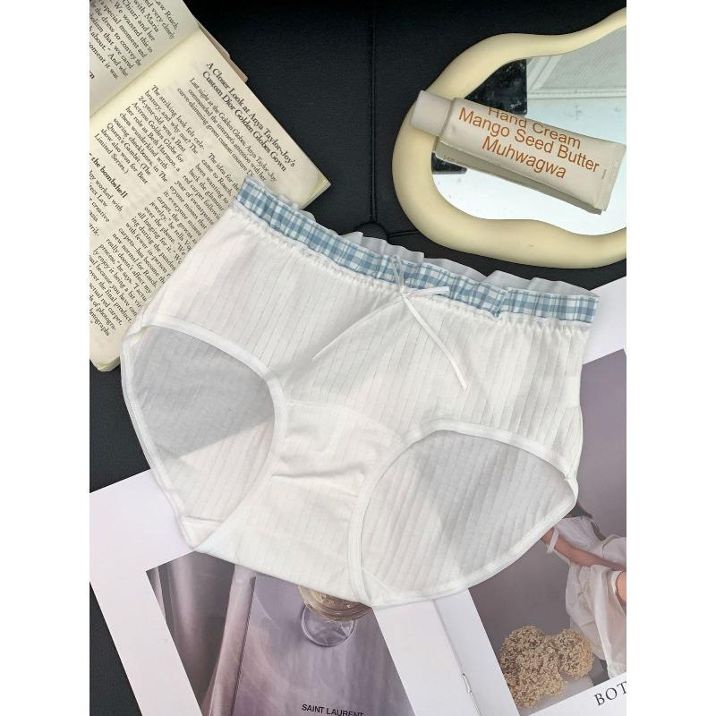 Girl Spring and Autumn Sweet Plaid Edge Splicing 10A Antibacterial Wrapped Hip Mid Waist Triangle Briefs