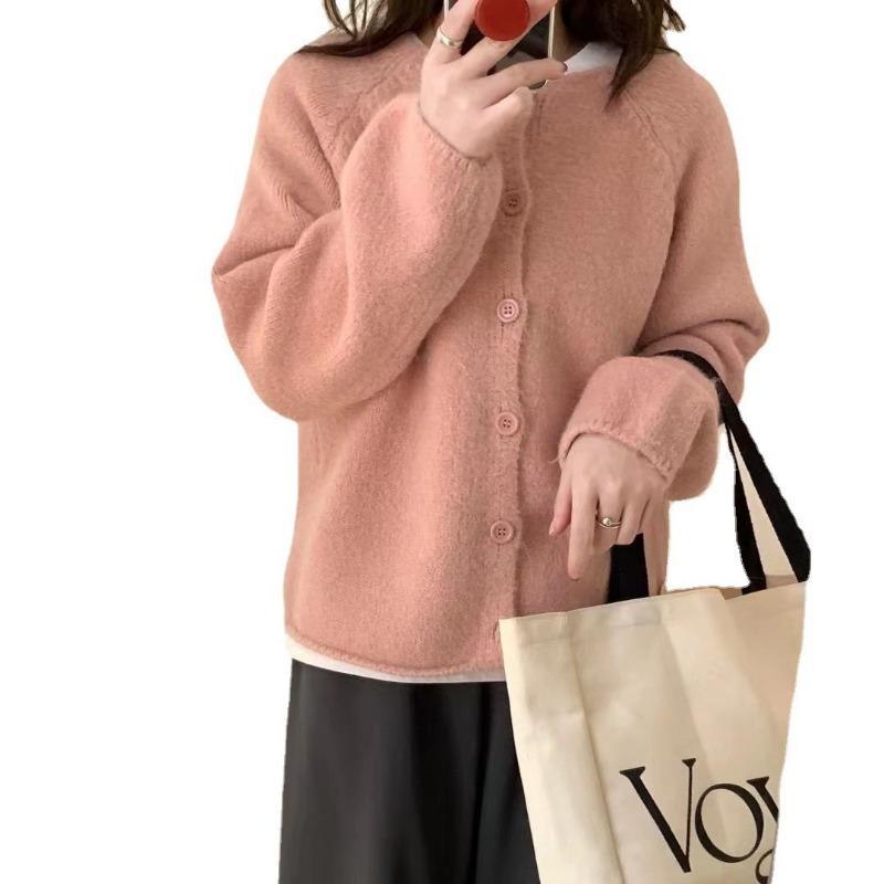 Small Fresh Solid Color Knitted Cardigan for Women's New Spring and Autumn with Loose Lazy Style Round Neck Shoulder Jacket for Women