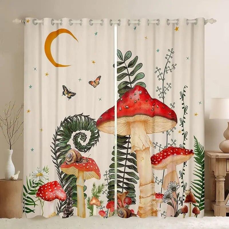 Paddenstoel Raamgordijnen Diverse Bos Natuurlijke Schimmel Planten Oogjes Top Raamgordijnen Voor Kinder Slaapkamer Woonkamer Keuken W65xH165(CM)x2PCS-Rod pocket