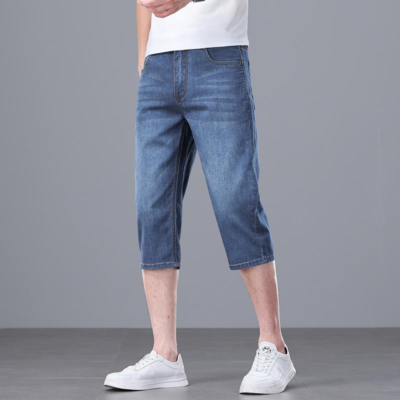 [Straight Tube Wear-resistant Washing] Summer Thin Cotton Elastic Seven Quarter Denim Shorts for Men 26 New Loose and Easy To Maintain Pants