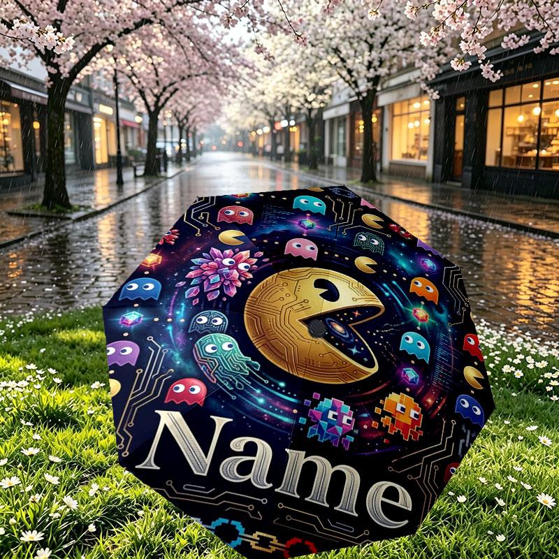 Custom Name Personalized PAC MAN Print Umbrella, Auto Open Close, 8‑Rib Sturdy Frame, Commute Camping Hiking Use, Birthday Gift