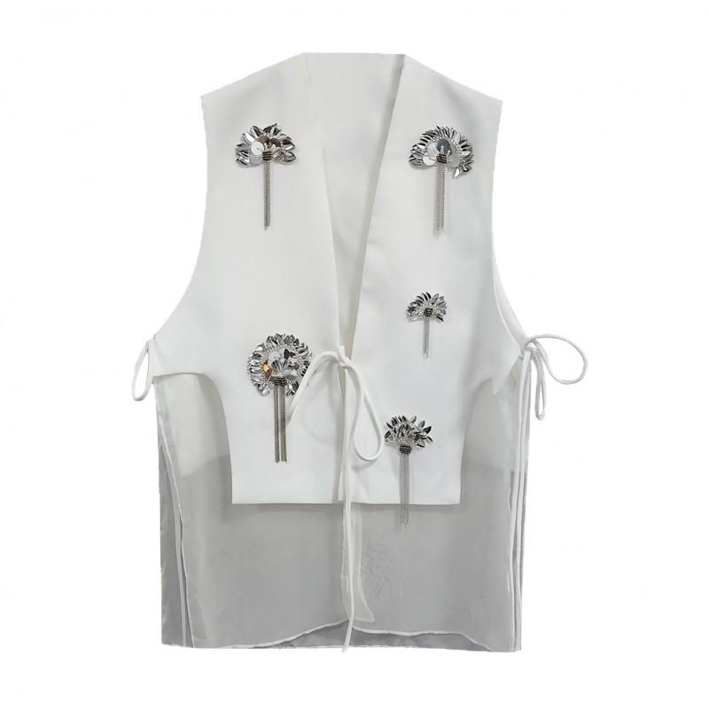 Womens 2026 Heavy Sequined 3D Flower Mesh Patchwork Vest Trendy Street Style V-Neck Waistcoat