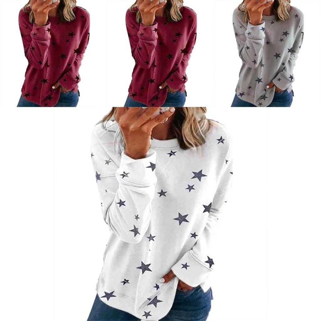Women Casual Tunic Crew Neck Long Sleeve Star Print Tee Top Blouse For Daily Comfort And Style