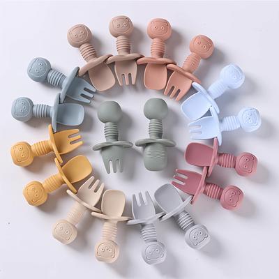 2 pezzi Manico in Legno di Grado Alimentare per Bambini Cucchiaio Forchetta in Silicone Posate Cucchiaio per Cibo Complementare per L'addestramento del Neonato Cucchiaio Forchetta per Alimentazione del Bambino