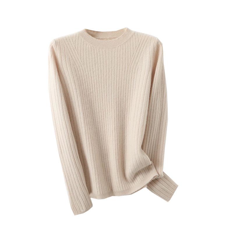 100% Cashmere Pure Wool Slimming Round Neck Knit Sweater - Women's Ribbed Slim Fit for Autumn/Winter
