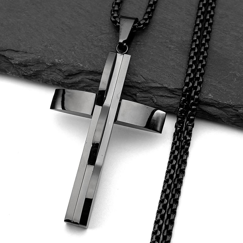 Christian Religion Simple Cross Pendant Necklace for Women Men Stainless Steel Black Color Amulet Chain Necklaces Jewelry Gift