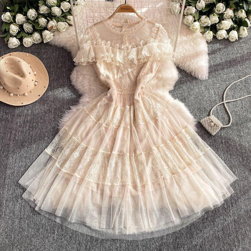 

Стильное сетчатое длинное платье женское 2024 лето новинка светская львица элегантное рукава-рюши отделка талии короткий рукав А-силуэт платье Apricot 2XL